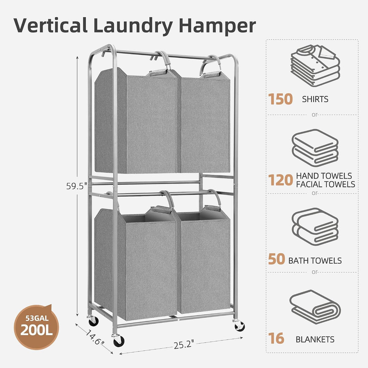 STORAGE MANIAC Vertical Laundry Hamper with Removable Tote Bags, Gray