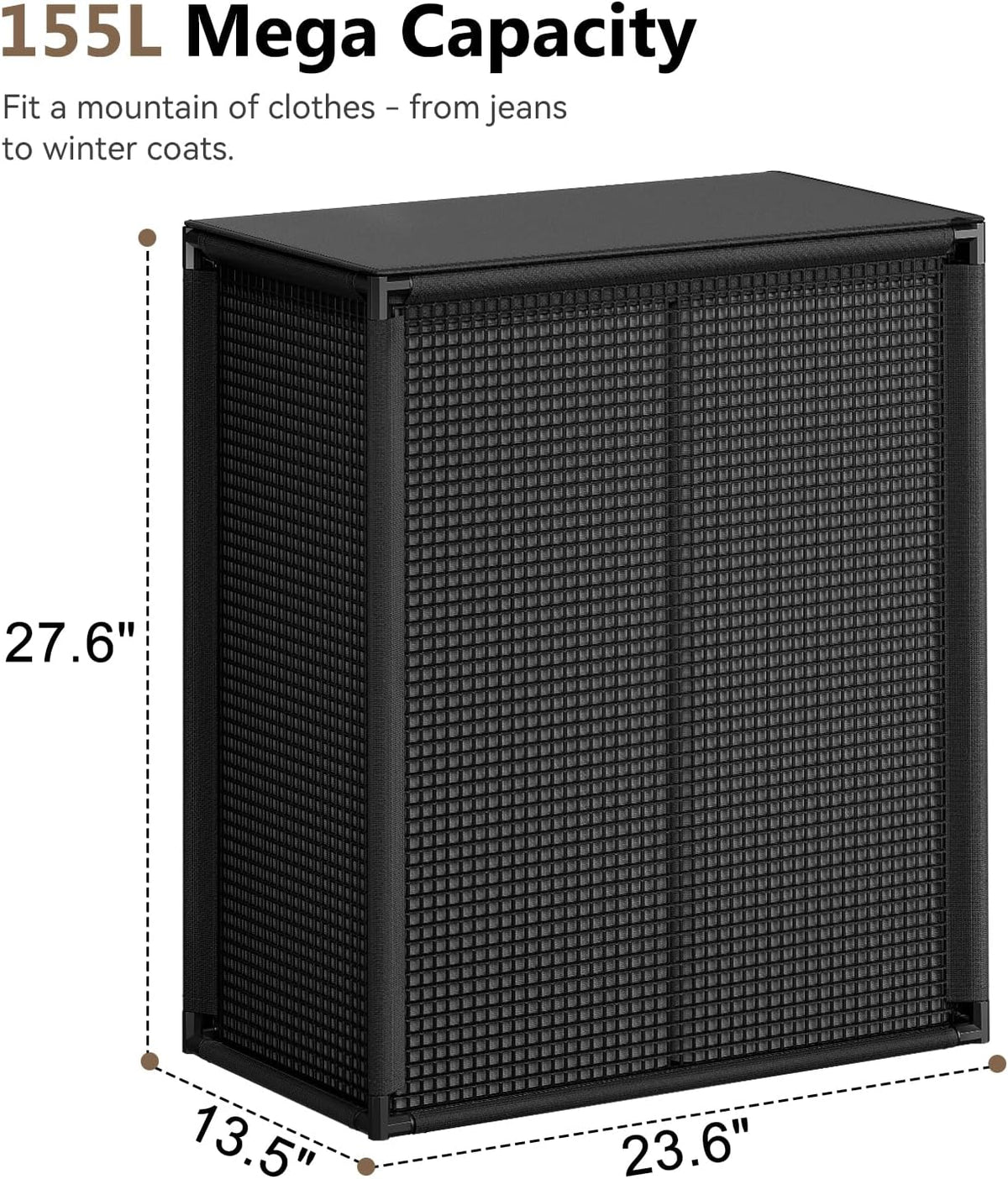 Double Laundry Hamper with Lid, 155L Large Laundry Basket 2 Section, Black