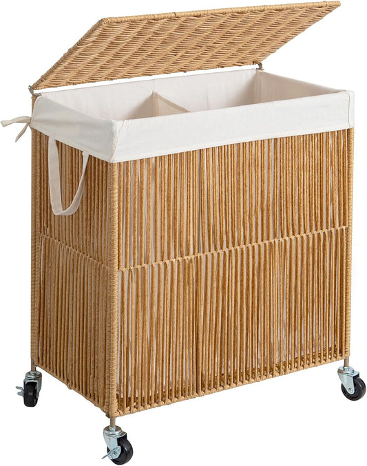 WOWLIVE Rolling Laundry Basket Wheels, Handwoven Laundry Hamper with Lid