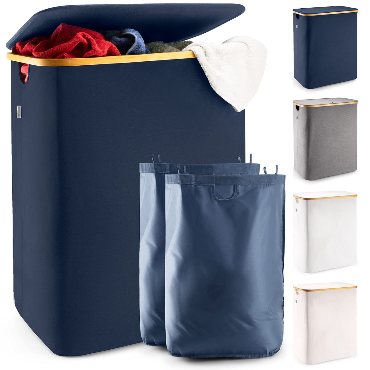LONBET Laundry Basket with Lid, Made from Breathable Fabric | Aesthetic Clothes Hampers for Laundry with Side Handles & Sturdy Bamboo Frame (26 Gallons - Single, Blue)