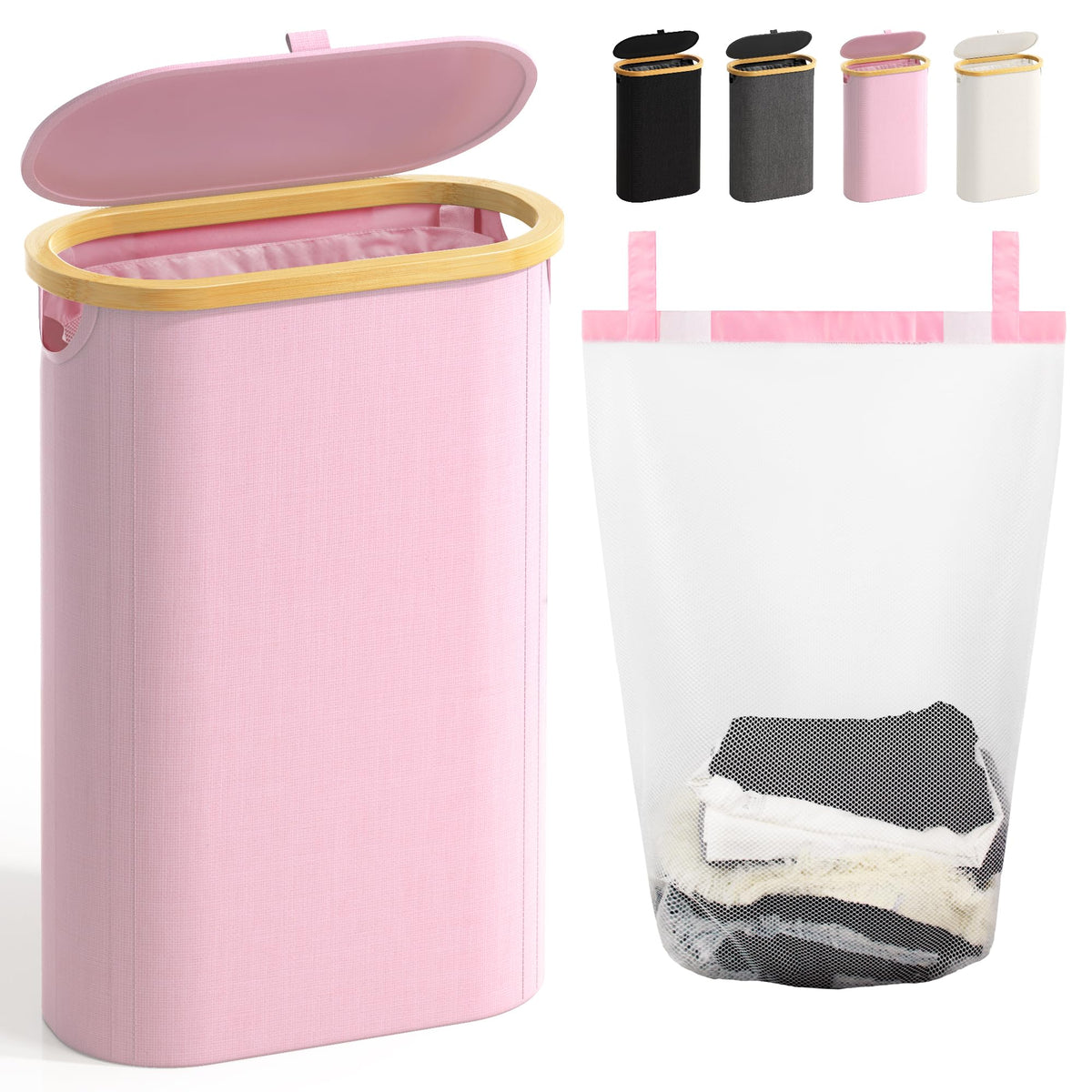 Bathola Slim Laundry Hamper with Lid, 60L Small Laundry Basket, Beige