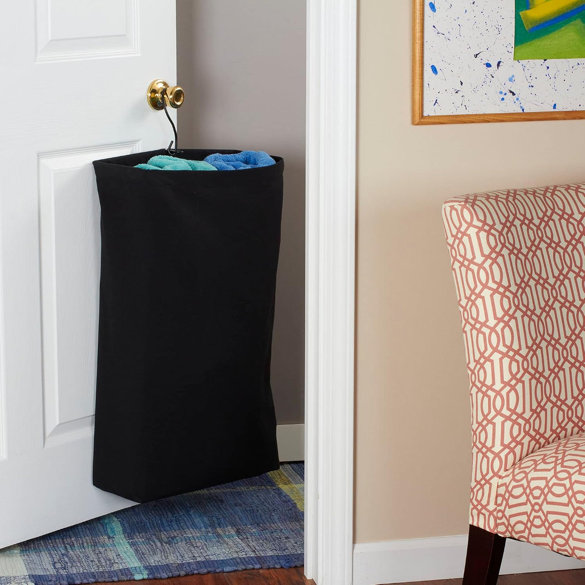 Household Essentials Door Hanging Laundry Bag in Washable Canvas with Loop Handle, Black