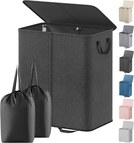 Lifewit Double Laundry Hamper with Lid, Removable Laundry Bags, Black