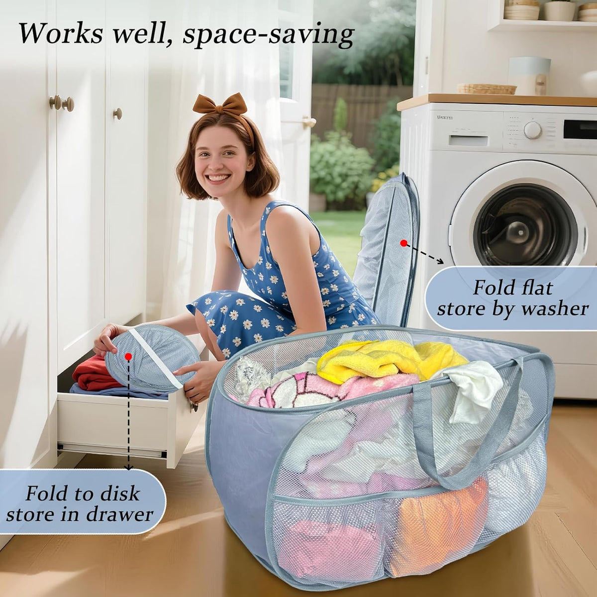 Pop Up Laundry Hamper 2 Pack with Handles & Side Pockets