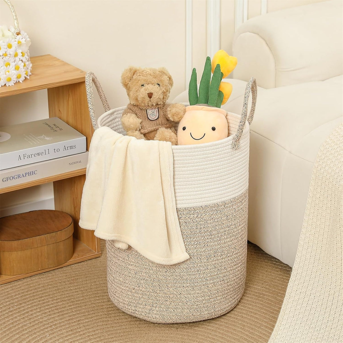 60L Large Woven Laundry Basket Hamper, 100% Natural Cotton Rope, Handwoven & Durable, Storage for Blankets, Toys, Clothes, Nursery Hamper for Living Room, Baby Room, Bedroom (Brown and White)