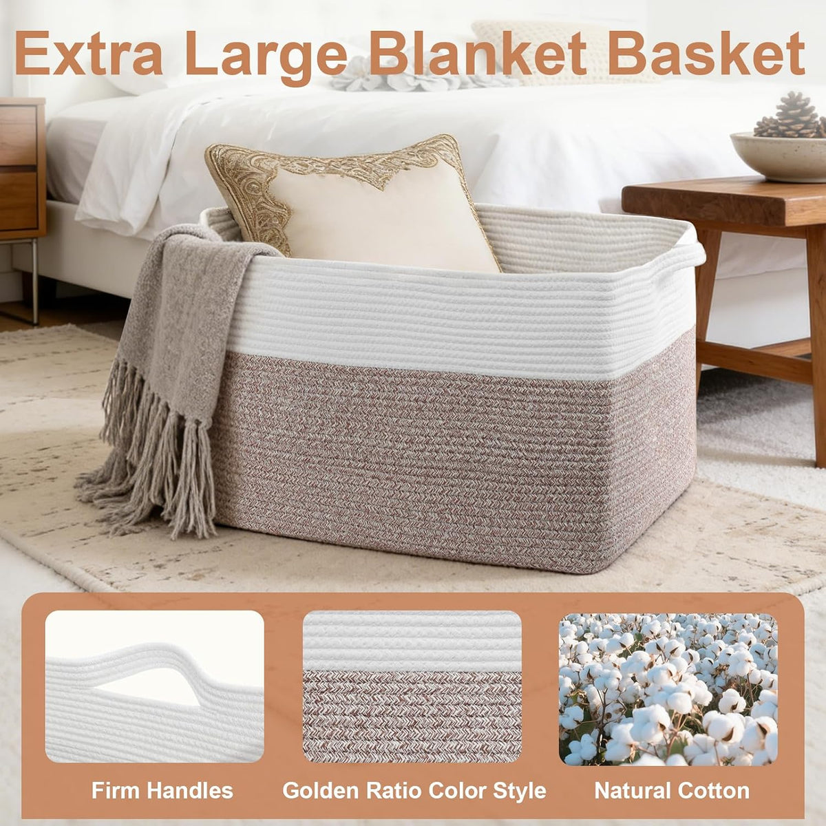 75L Large Blanket Storage Basket with Handles - White & Brown