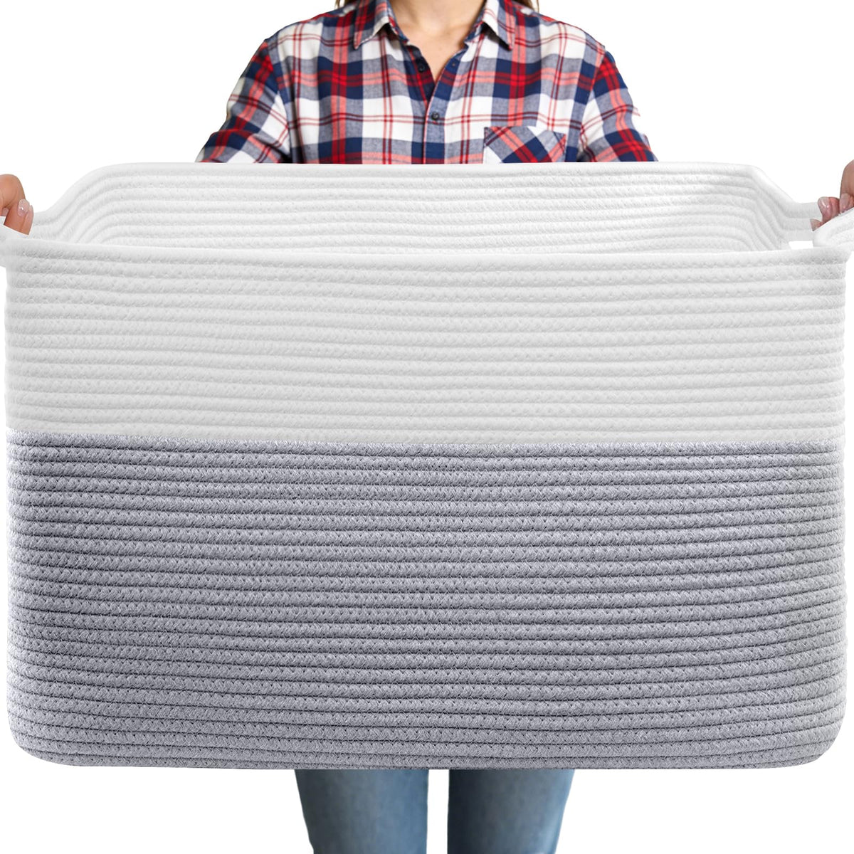 75L Large Blanket Storage Basket with Handles - White & Brown