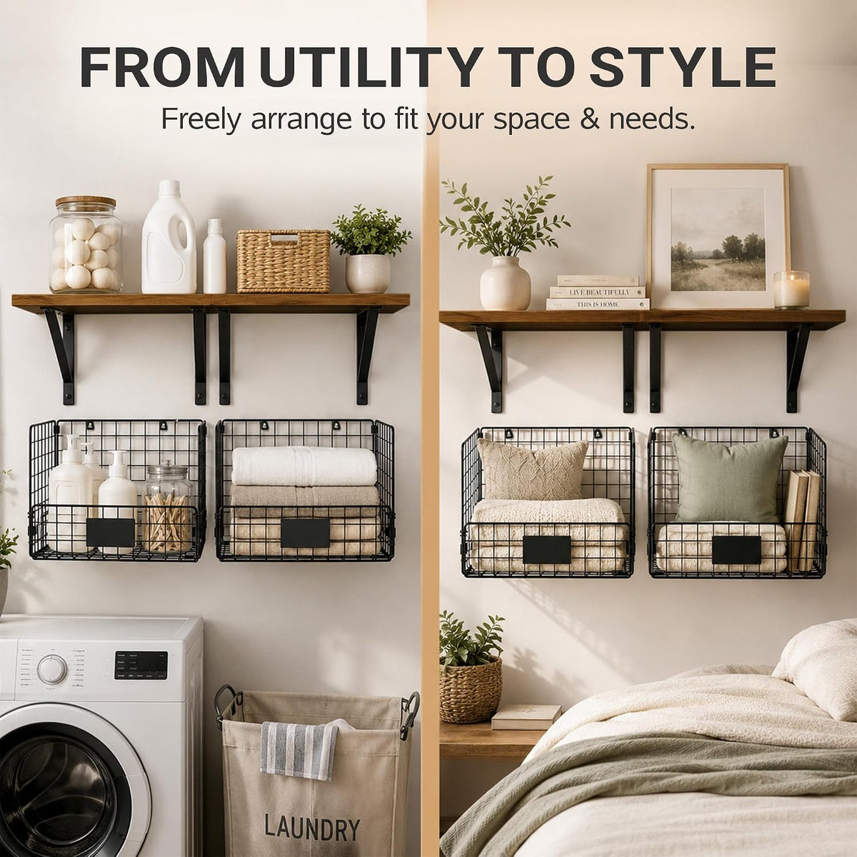 2 Pack Laundry Room Shelves Wall Mounted with Wire Mesh Baskets