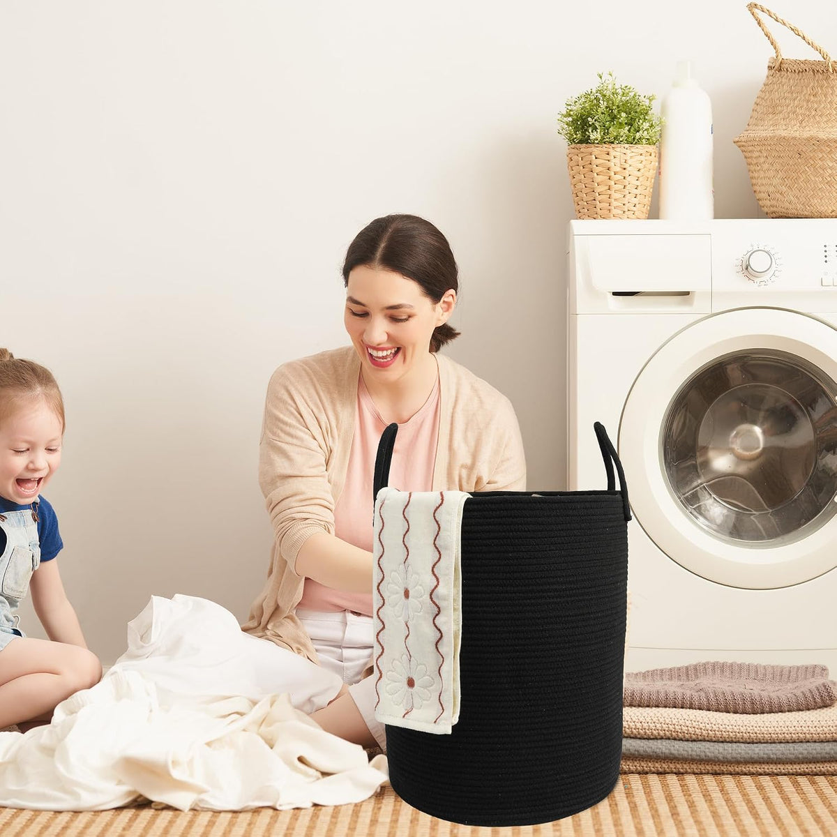 Woven Cotton Rope Laundry Basket, 15" x 20" Laundry Hamper, Black