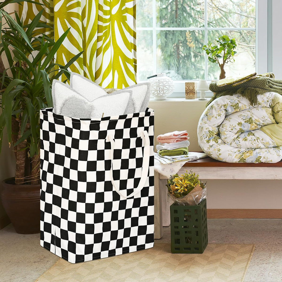 MAIZMZ Checkered Laundry Basket Foldable Kids Hamper Storage Bins Women Waterproof Organizer Toy Box Large Canvas for Home/Dorm/Kitchen/Pet/Office/Closet/Shelf/Living Room Decor Baskets