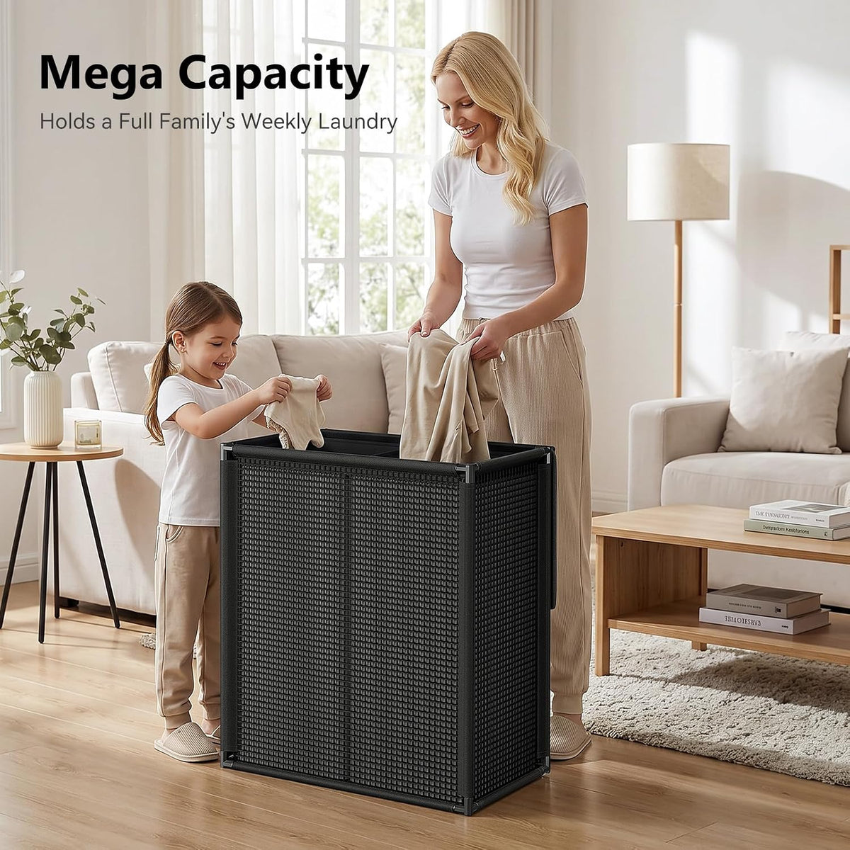 Double Laundry Hamper with Lid, 155L Large Laundry Basket 2 Section, Black
