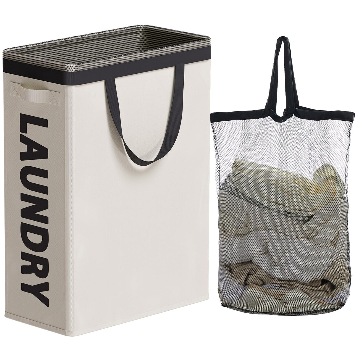 45L Slim Laundry Hamper with Adjustable Long Handles & Mesh Top, Beige
