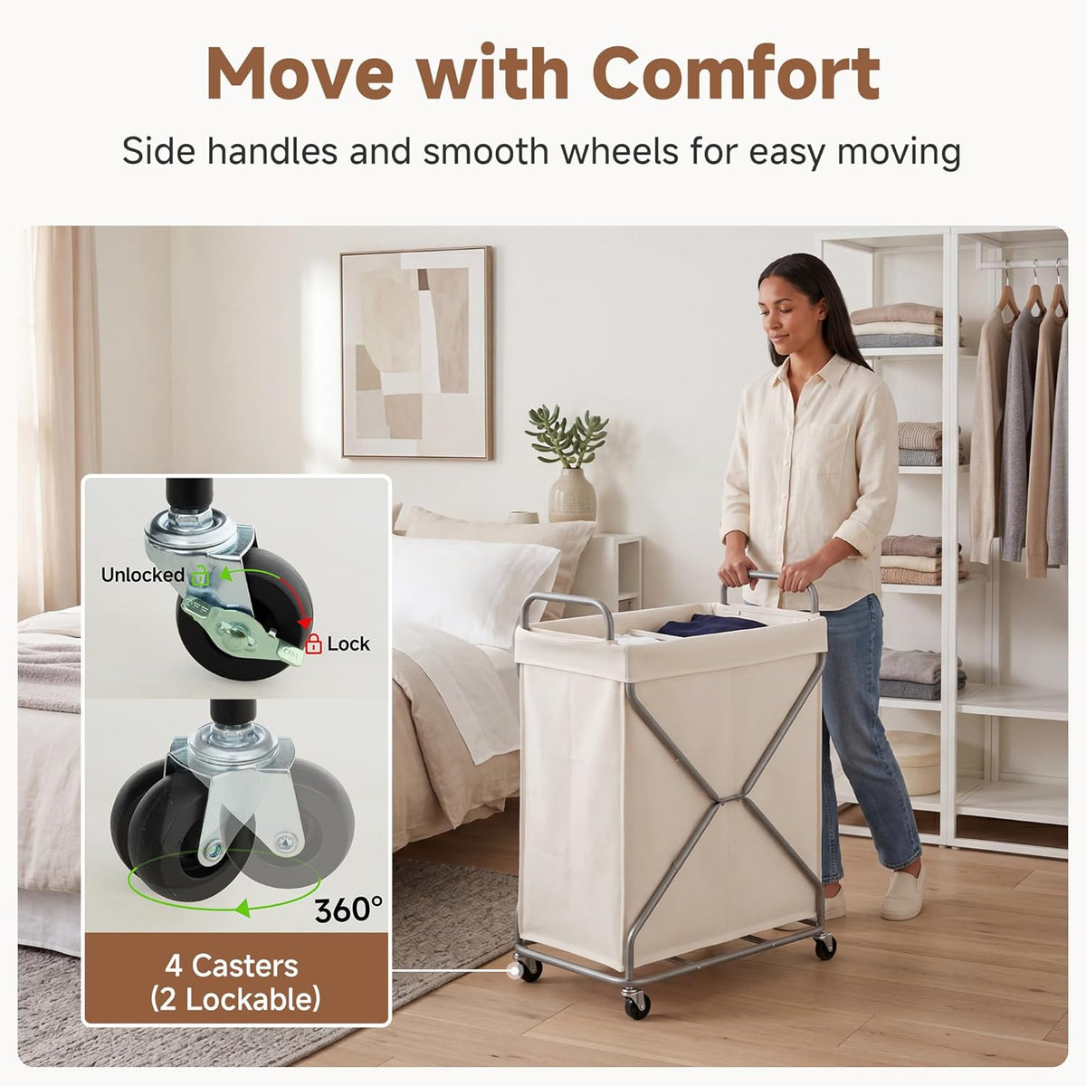 StorageWorks 2 Section Laundry Sorter with Wheels, 160L Beige Hamper Basket