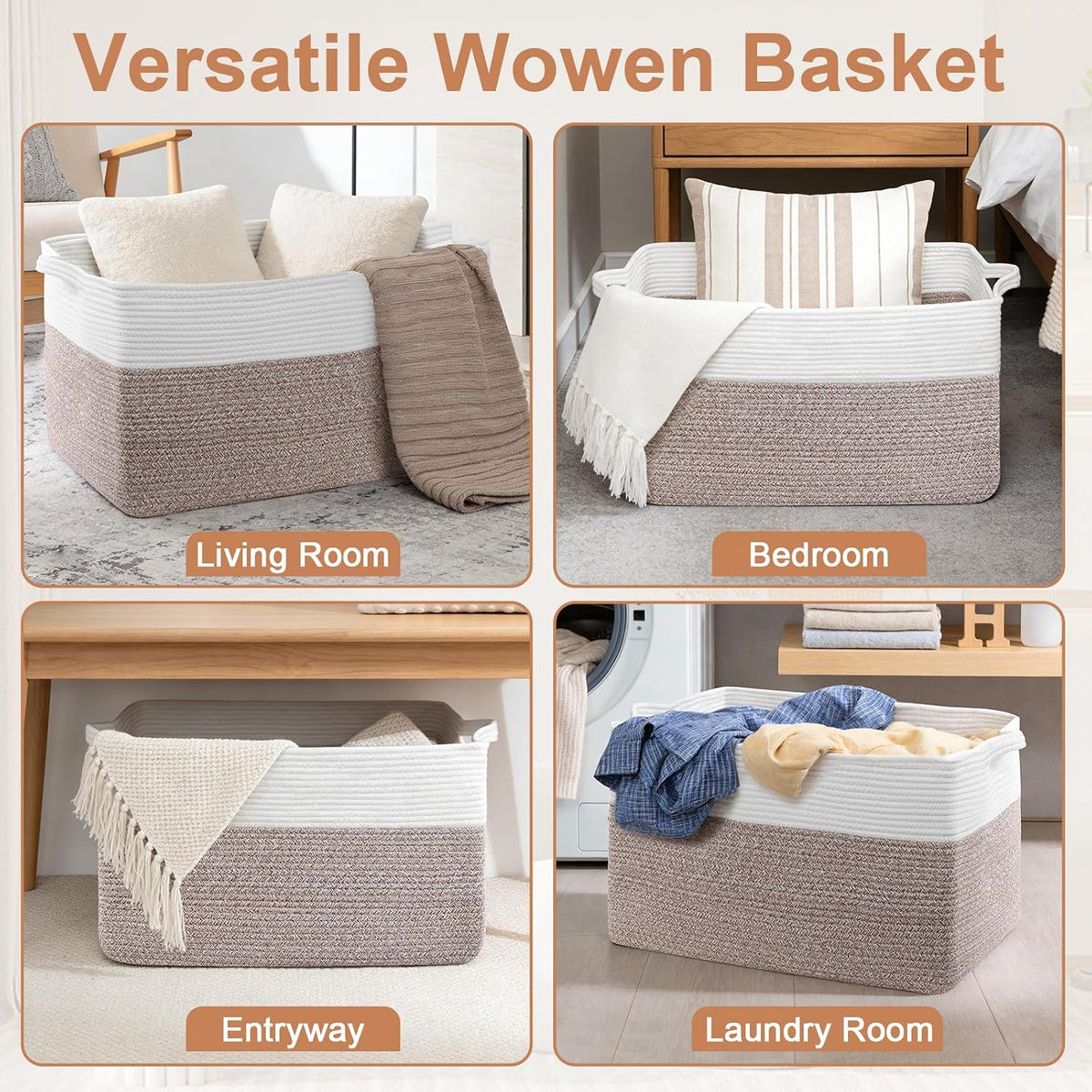 75L Large Blanket Storage Basket with Handles - White & Brown
