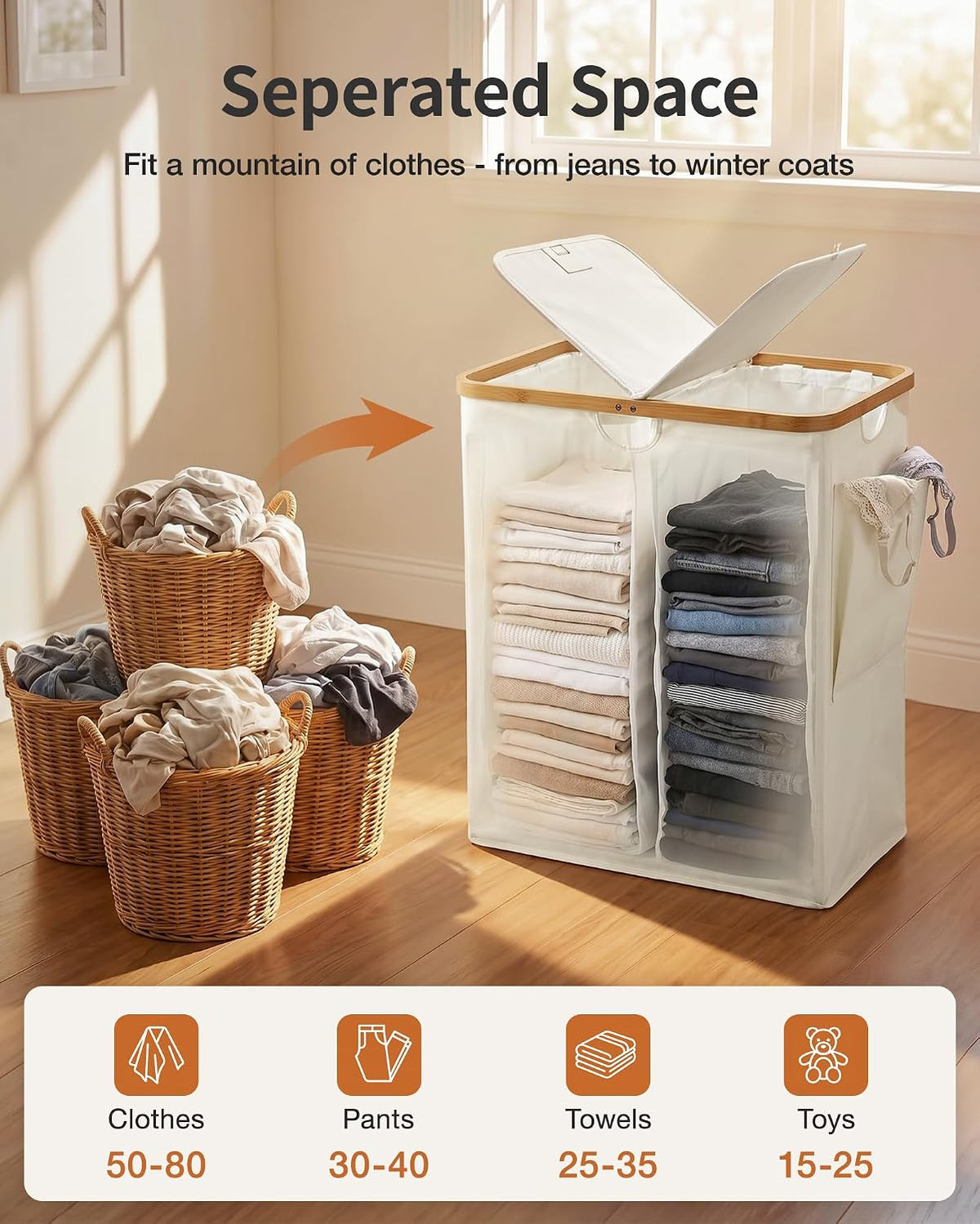 MIZATTO 2 Section Laundry Hamper with Lid, 140L Dirty Clothes Hamper