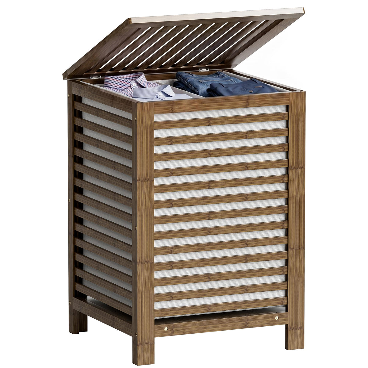 SMIBUY Double Laundry Hamper with Lid, 120L Bamboo Laundry Basket with Removable Liner Bag, 2-Section Clothes Divider Laundry Sorter for Laundry Room, Bathroom, Bedroom (Black)