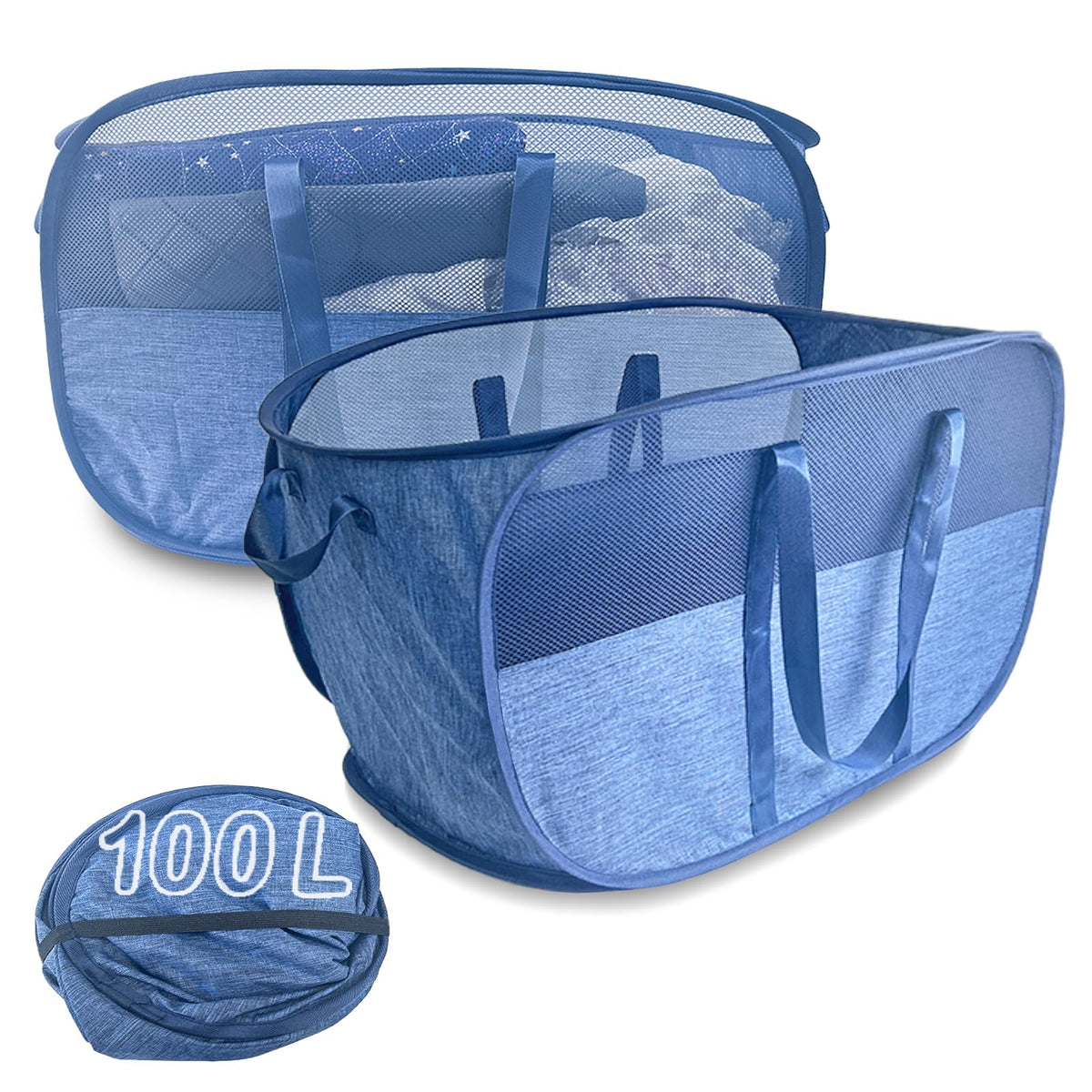 Pop Up Laundry Hamper 2 Pack with Handles & Side Pockets