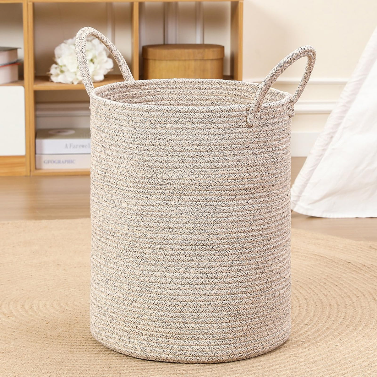 60L Large Woven Laundry Basket Hamper, 100% Natural Cotton Rope, Handwoven & Durable, Storage for Blankets, Toys, Clothes, Nursery Hamper for Living Room, Baby Room, Bedroom (Brown and White)