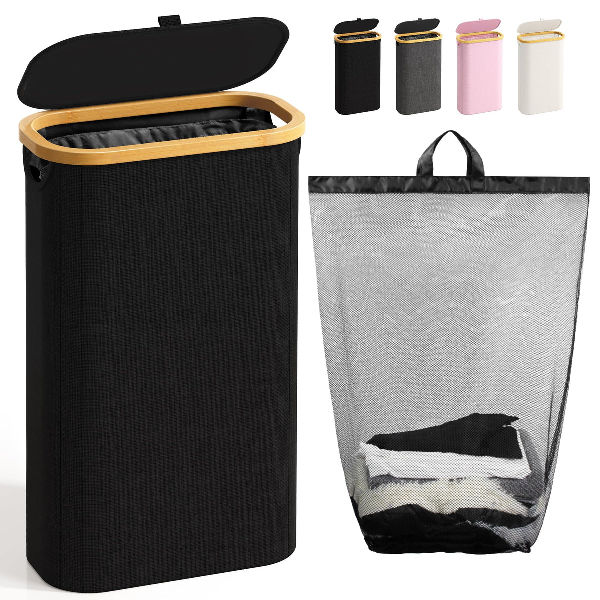 Bathola Slim Laundry Hamper with Lid, 60L Small Laundry Basket, Beige