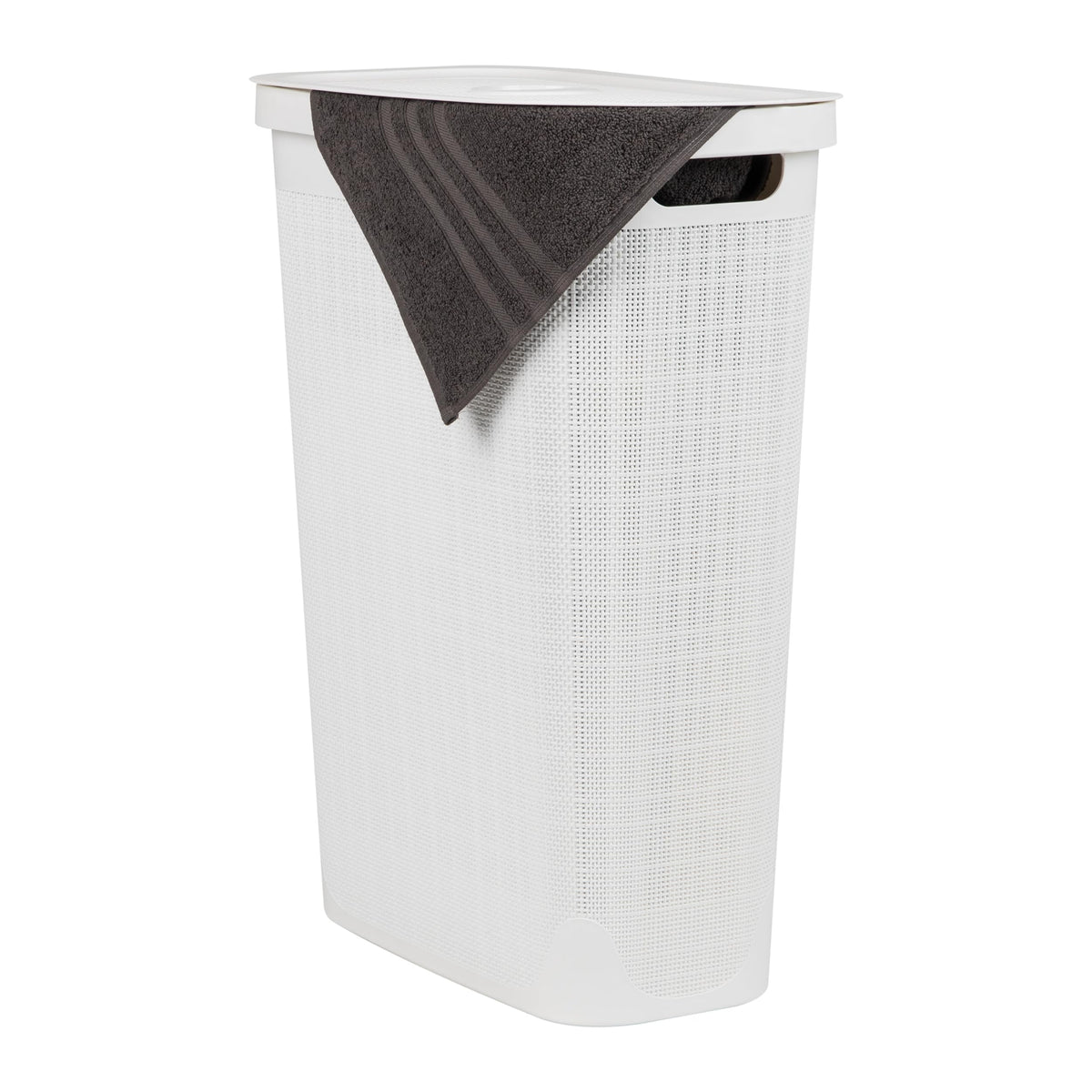 Mind Reader Slim Laundry Hamper with Lid, 40L Clothes Basket, Linen Design, Plastic, Ivory