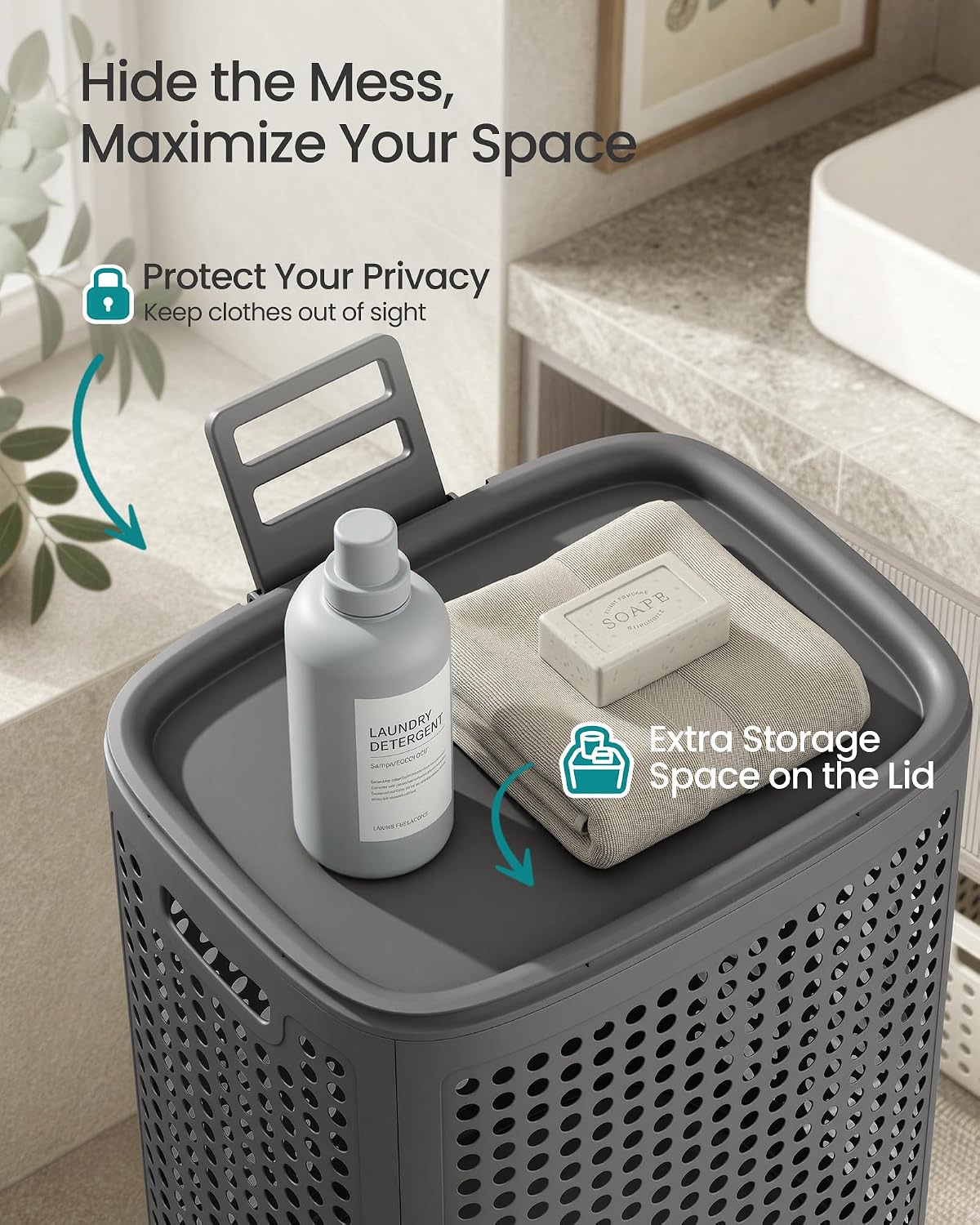 SONGMICS Laundry Hamper with Wheels, 75 L Laundry Basket with Lid