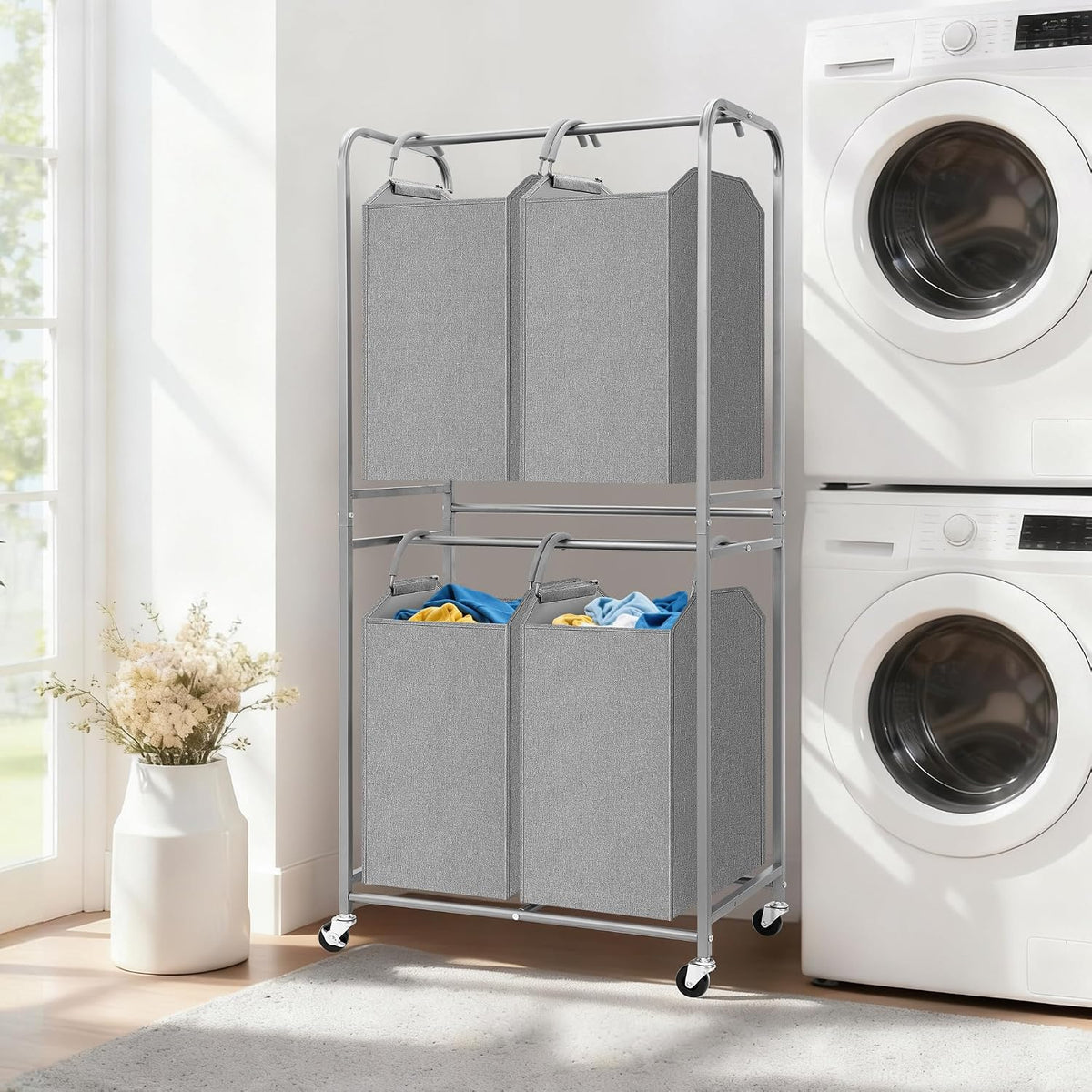 STORAGE MANIAC Vertical Laundry Hamper with Removable Tote Bags, Gray