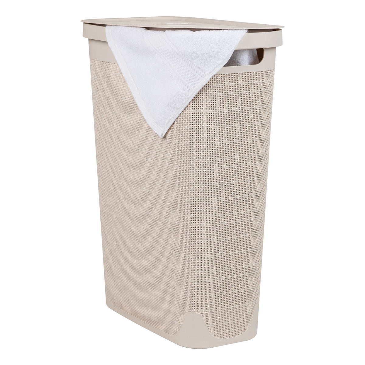 Mind Reader Slim Laundry Hamper with Lid, 40L Clothes Basket, Linen Design, Plastic, Ivory