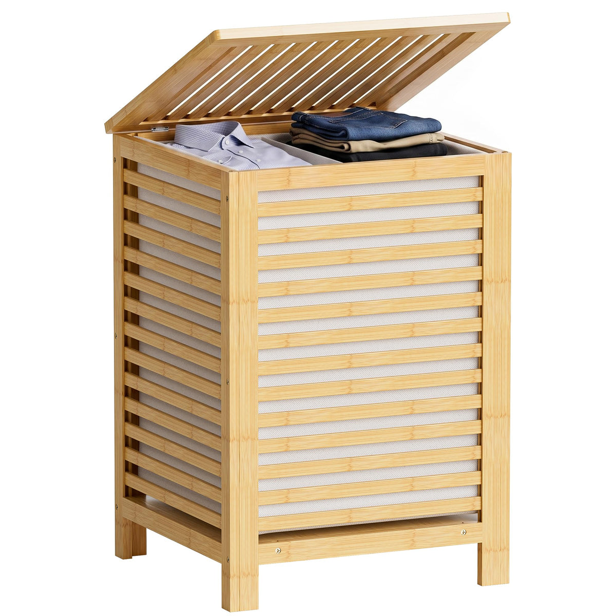 SMIBUY Double Laundry Hamper with Lid, 120L Bamboo Laundry Basket with Removable Liner Bag, 2-Section Clothes Divider Laundry Sorter for Laundry Room, Bathroom, Bedroom (Black)