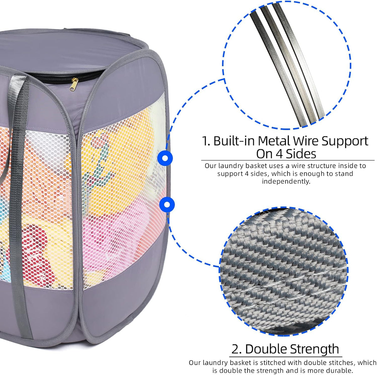 Pop-Up Laundry Hamper with YKK Zipper Lid, 1.5 Loads, Reinforced Handles