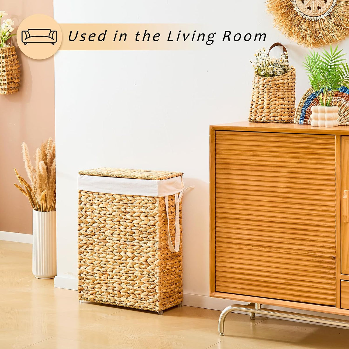 Slim Laundry Hamper with Lid, Handwoven Natural Water Hyacinth Basket