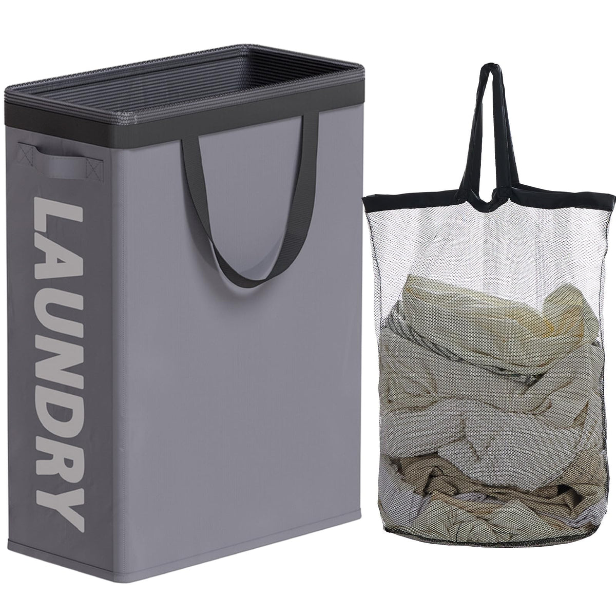 45L Slim Laundry Hamper with Adjustable Long Handles & Mesh Top, Beige