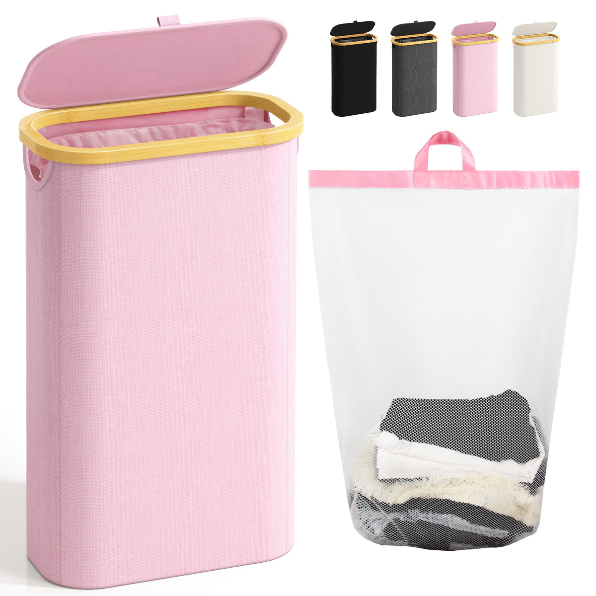 Bathola Slim Laundry Hamper with Lid, 60L Small Laundry Basket, Beige