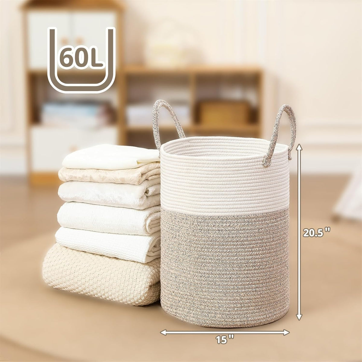 60L Large Woven Laundry Basket Hamper, 100% Natural Cotton Rope, Handwoven & Durable, Storage for Blankets, Toys, Clothes, Nursery Hamper for Living Room, Baby Room, Bedroom (Brown and White)