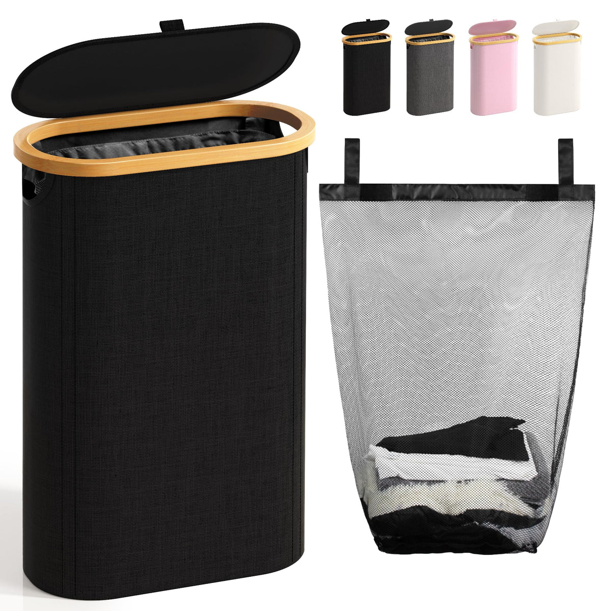 Bathola Slim Laundry Hamper with Lid, 60L Small Laundry Basket, Beige