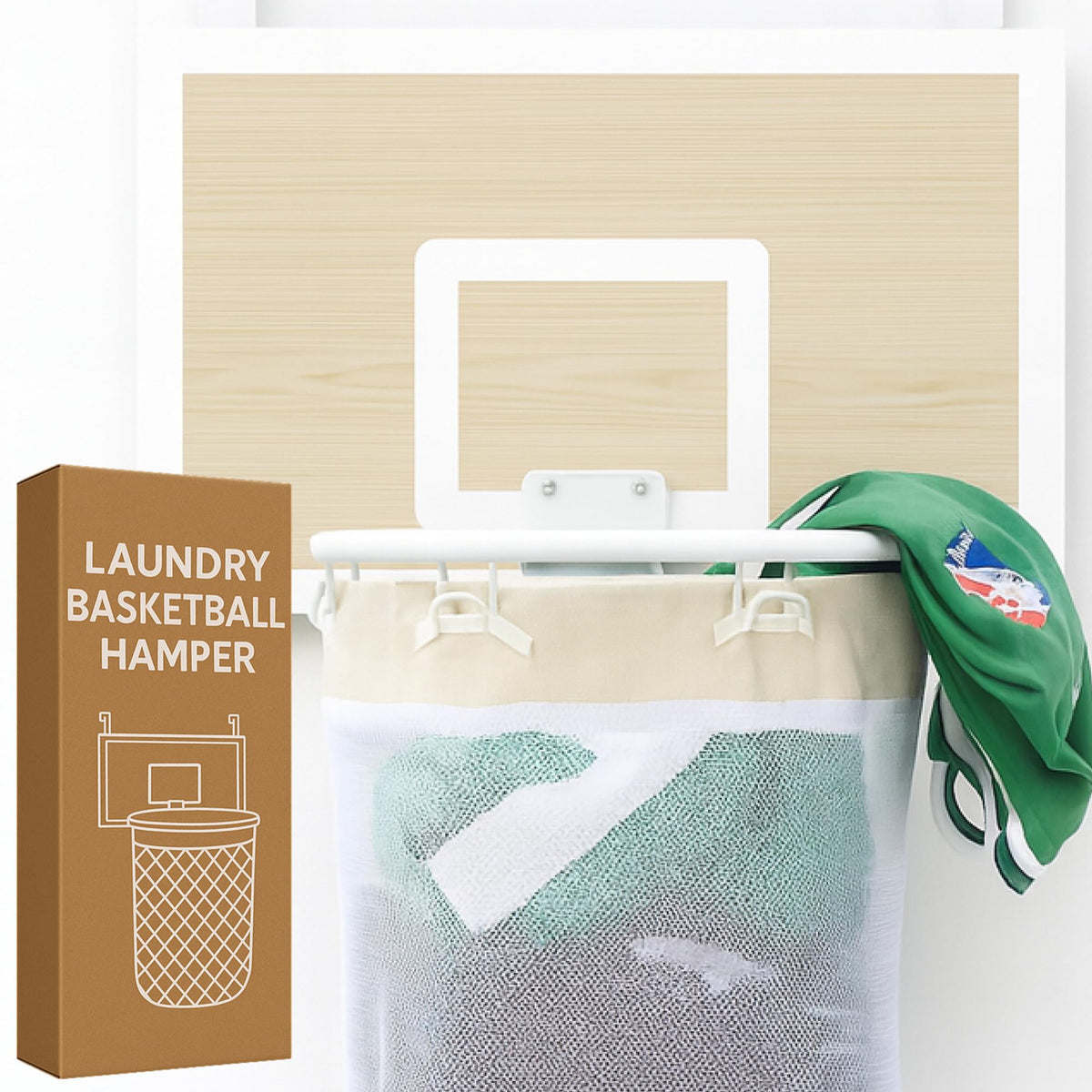 ActiveJoy – Basketball Laundry Hamper – Wooden Backboard & Mesh Hoop Laundry Basket – Over Door Hanging Organizer for Kids - Cedarwood Brown