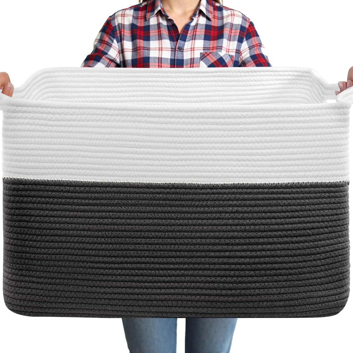 75L Large Blanket Storage Basket with Handles - White & Brown