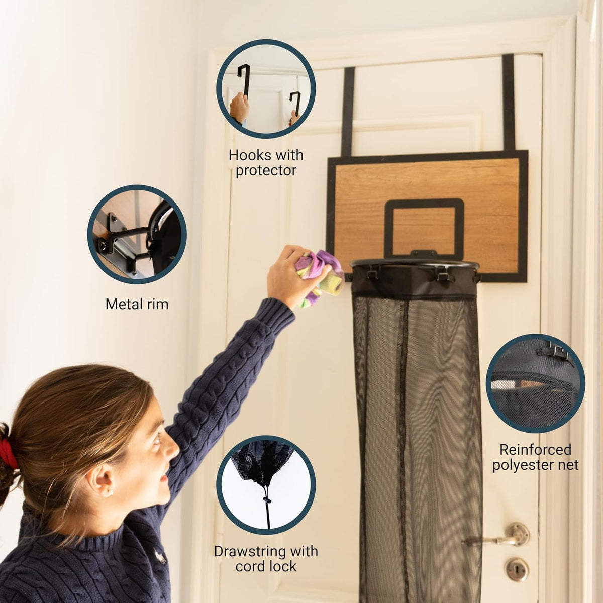 ActiveJoy – Basketball Laundry Hamper – Wooden Backboard & Mesh Hoop Laundry Basket – Over Door Hanging Organizer for Kids - Cedarwood Brown