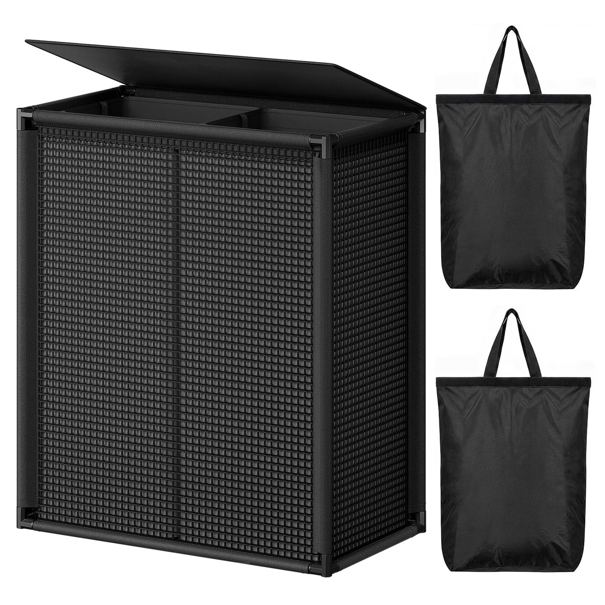 Double Laundry Hamper with Lid, 155L Large Laundry Basket 2 Section, Black