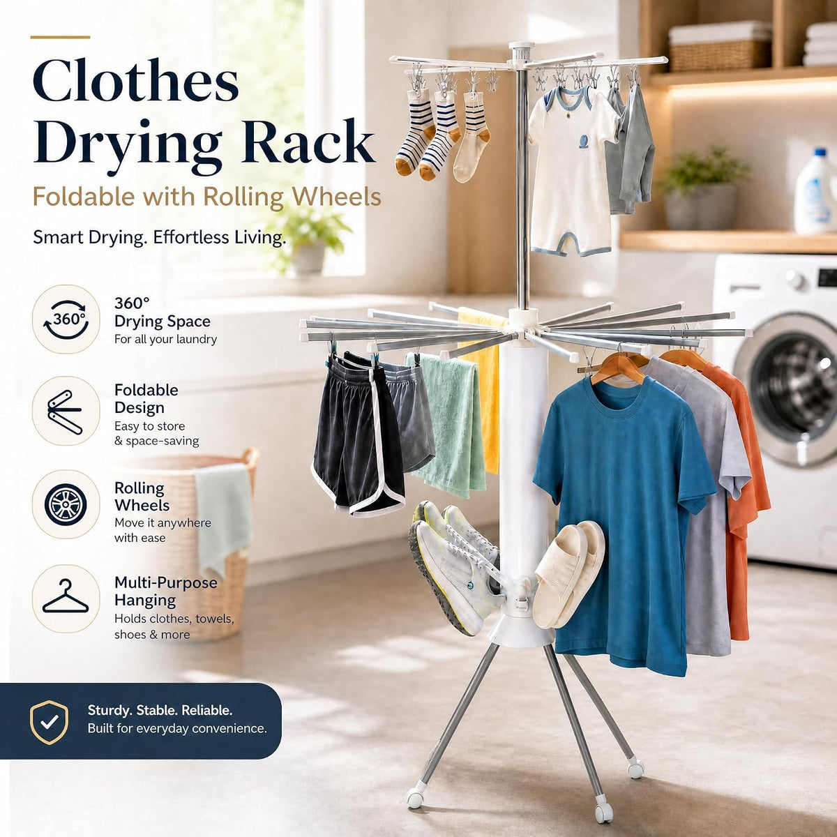 Clothes Drying Rack Foldable with Rolling Wheels, Portable Laundry Drying Rack with 16 Aluminum Arms, Stable 4-Leg Base, 360° Rotating Design for Indoor Outdoor (Double-Tier with Shoe Rack)