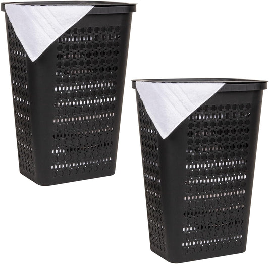 Mind Reader Slim Tapered Laundry Hampers with Lid, Clothes Basket with Swiss Cross Cut-Outs, Lightweight & Ventilated, Plastic, Set of 2, Black