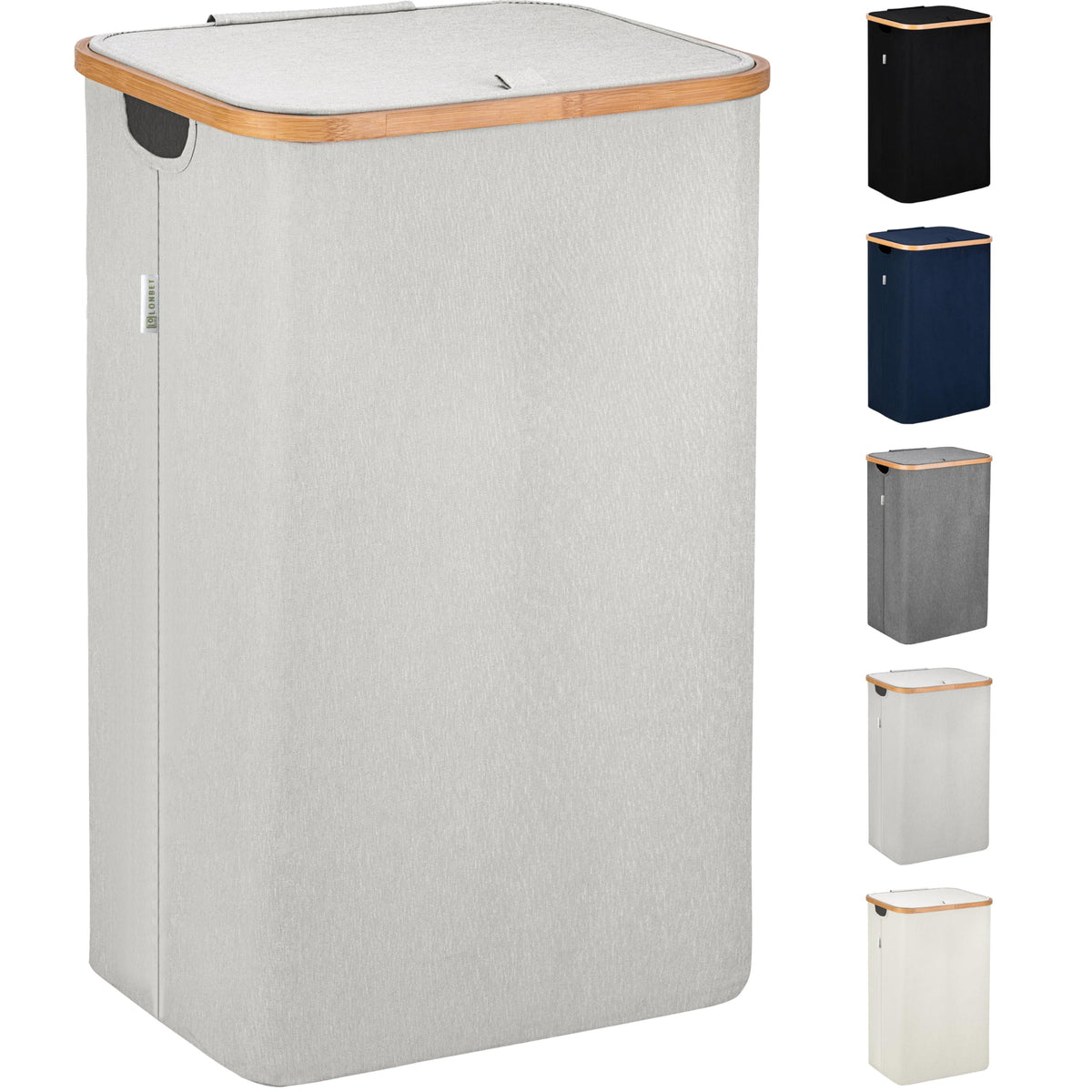 LONBET Laundry Basket with Lid, Made from Breathable Fabric | Aesthetic Clothes Hampers for Laundry with Side Handles & Sturdy Bamboo Frame (26 Gallons - Single, Blue)