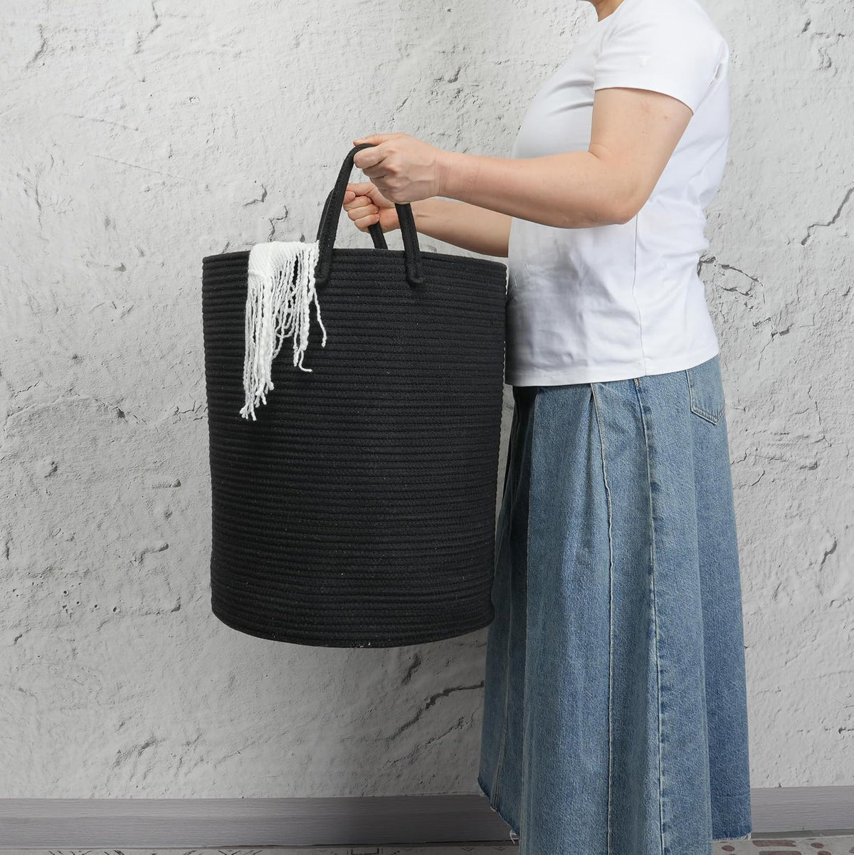 Woven Cotton Rope Laundry Basket, 15" x 20" Laundry Hamper, Black