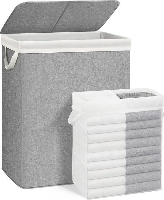 STORAGE MANIAC Double Laundry Hamper with Lid, 140L Tall Metal Frame Laundry Baskets with Removeable Bag, Large Clothes Hamper with PU Tag, Laundry Bin for Dorm, Collage, Bathroom, Bedroom, Gray