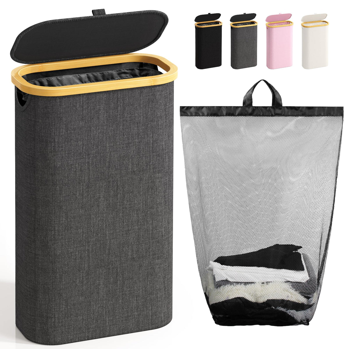 Bathola Slim Laundry Hamper with Lid, 60L Small Laundry Basket, Beige