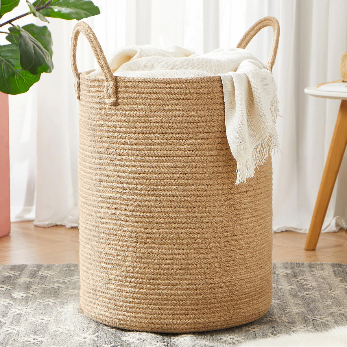 80L Extra Large Jute Woven Rope Laundry Basket Tall Wicker Hamper