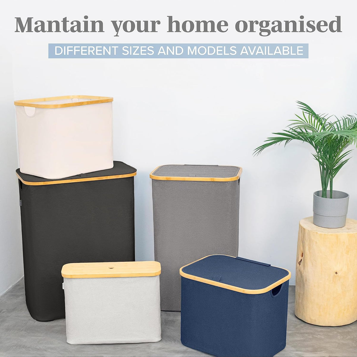 LONBET Laundry Basket with Lid, Made from Breathable Fabric | Aesthetic Clothes Hampers for Laundry with Side Handles & Sturdy Bamboo Frame (26 Gallons - Single, Blue)