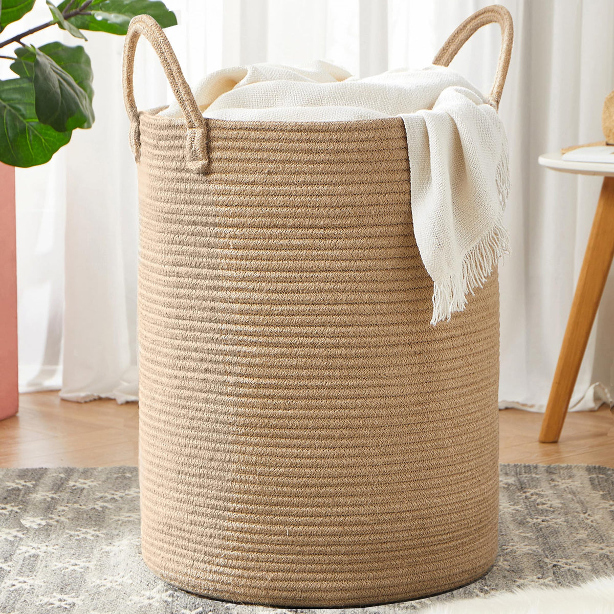 80L Extra Large Jute Woven Rope Laundry Basket Tall Wicker Hamper