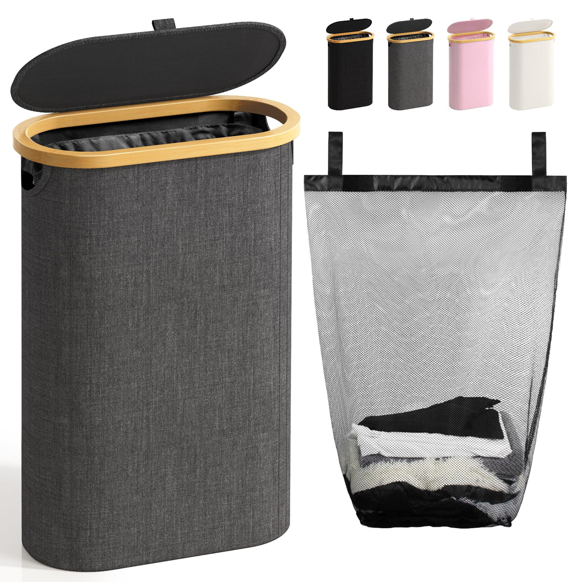 Bathola Slim Laundry Hamper with Lid, 60L Small Laundry Basket, Beige