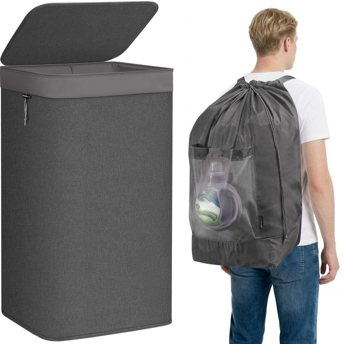 STORAGE MANIAC 2-in-1 Laundry Hamper with Laundry Backpack Bag, 23.7 Gal
